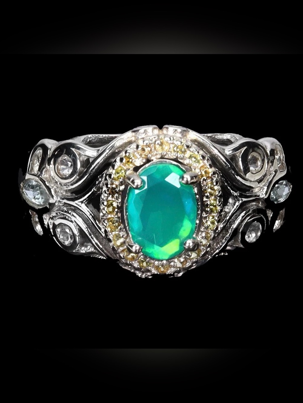 Exquisite Natural Fire Opal, Sapphire, Topaz 925 Sterling Silver Ring Sz 8.5